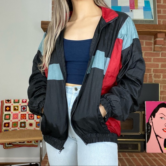Vintage 90s Colorblock Oversized Nylon Windbreaker J Blair Full Zip Pock… - Picture 2 of 13
